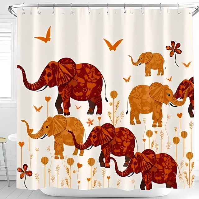 Charming Elephant Shower Curtain Whimsical Design in Burnt Orange & Deep Red with Floral Accents