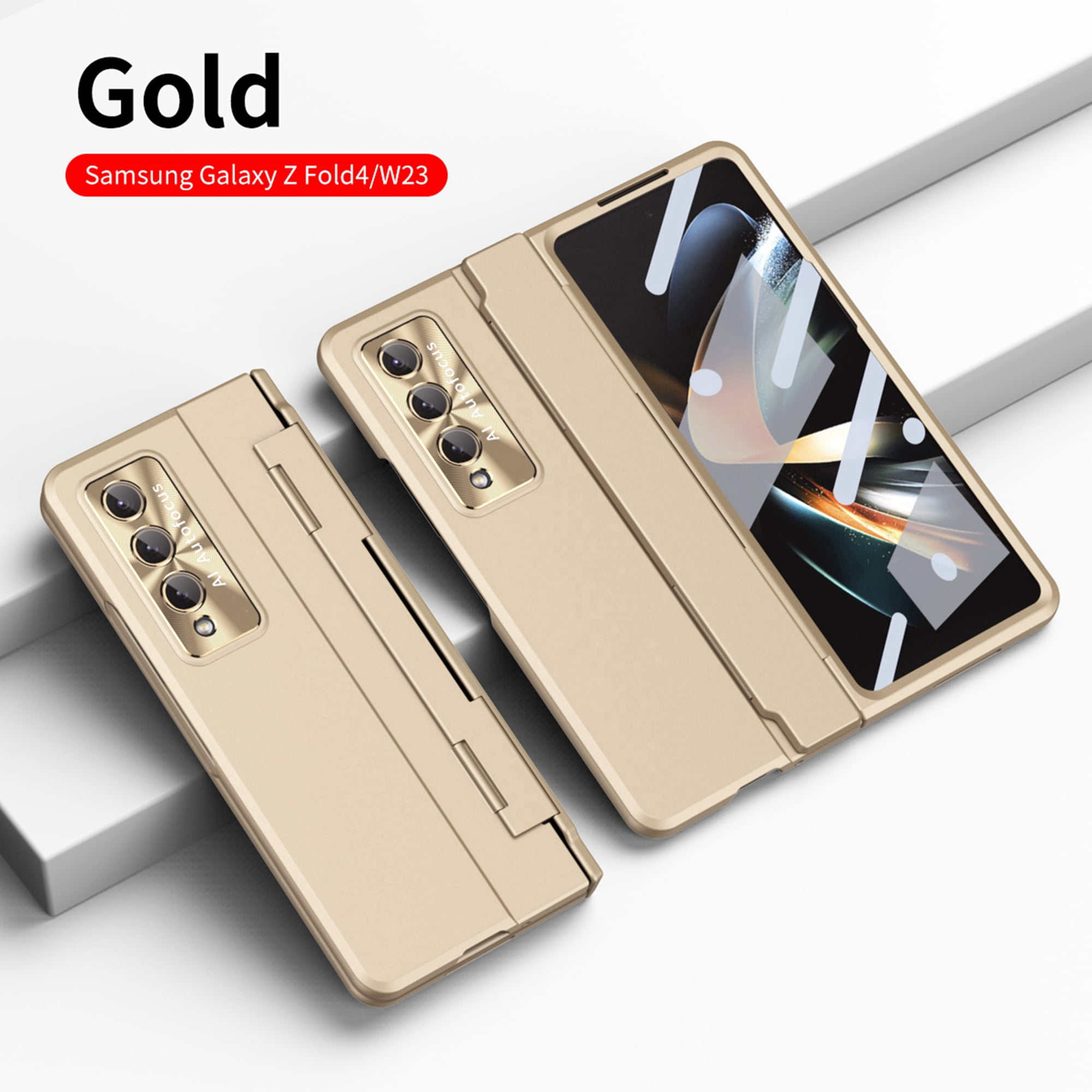 Dteck for Galaxy Fold 4 Case Hinge Protection Wireless Charging Hard Back with Non-Slip Shockproof Lightweight Slim Cover for Samsung Z Fold 4 5G 2022, Gold