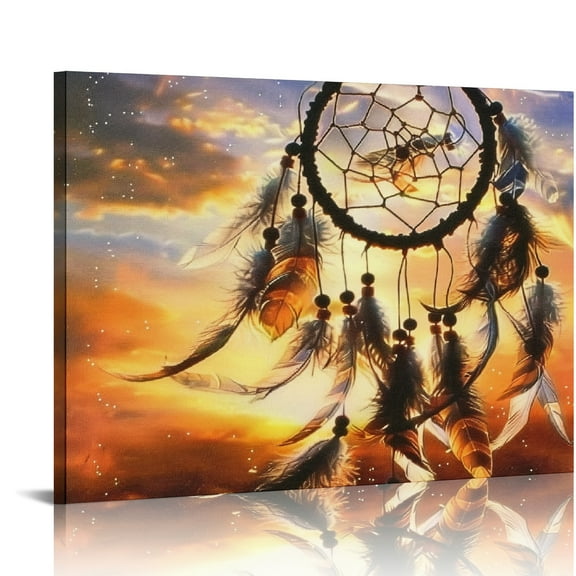 FCXZI Dream Catcher Feathers Sunset Wall Decor Canvas Art Print Ready To Hang Room Home Art Decor 16x12in