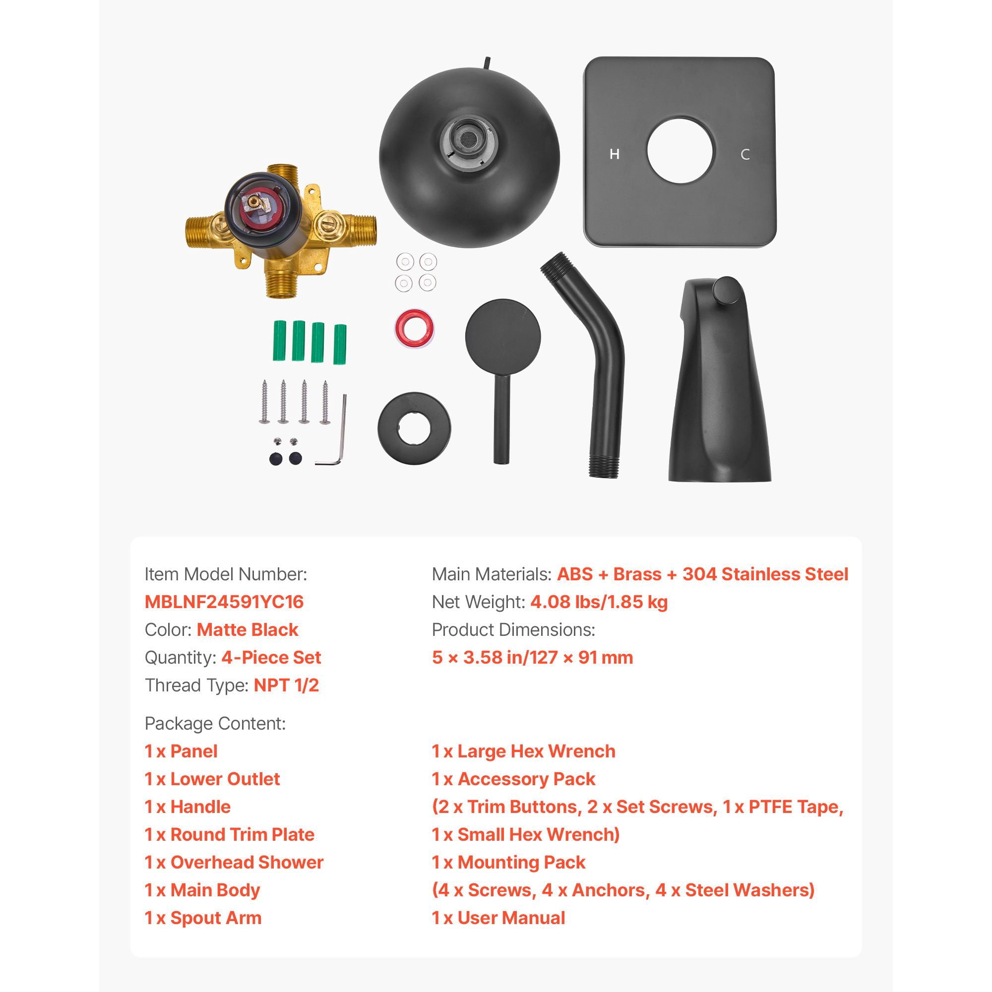 Tub and Shower Faucet Set 4-Piece Pressure Balancing Valve 8 Shower Modes Matte Black for Bathroom