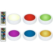 brilliant evolution wireless color changing led puck light 6 pack with 2 remote controls | led under cabinet lighting | closet light | battery powered lights | under counter lighting | stick on lights
