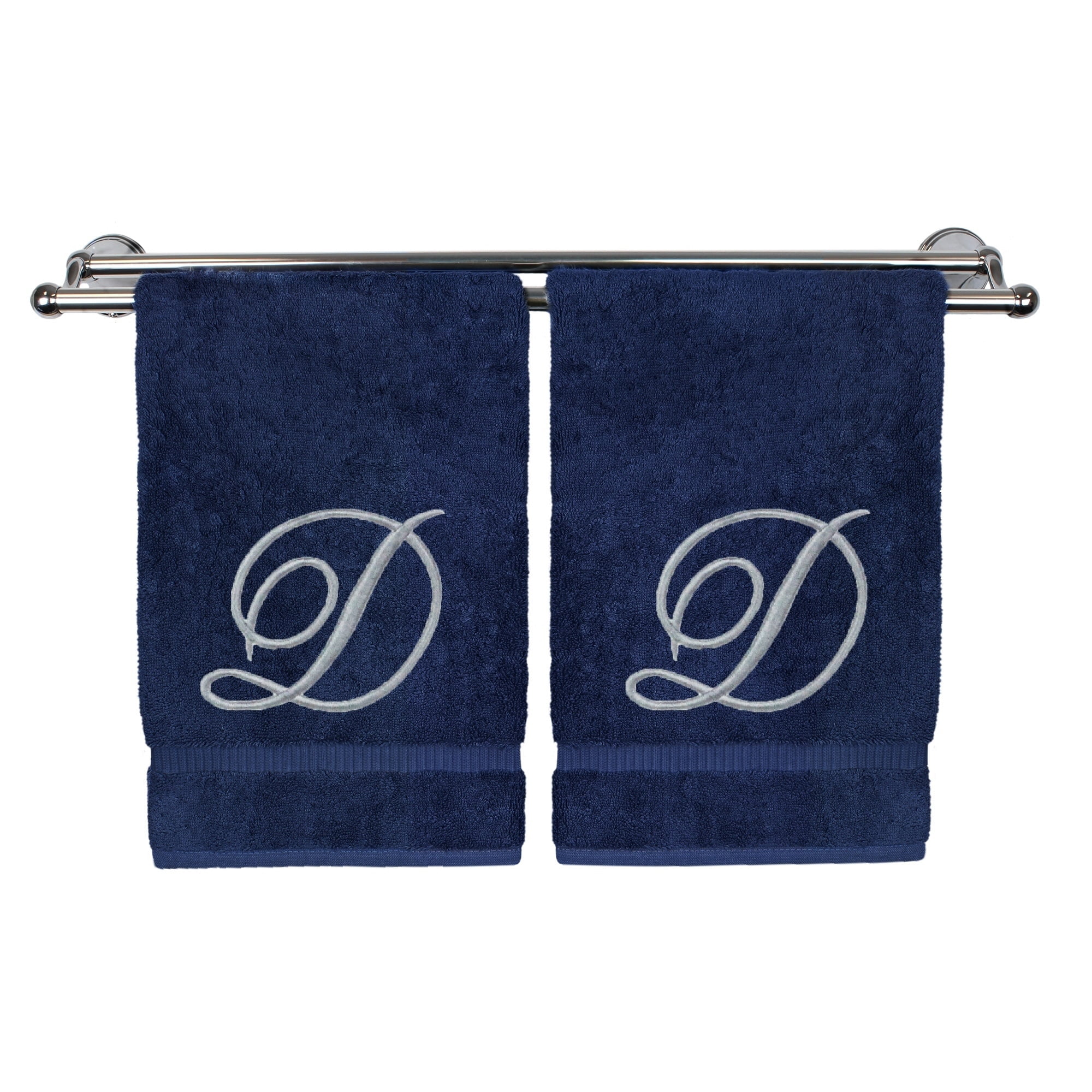 Monogrammed Hand Towel, Personalized Gift, 16 x 30 Inches - Set of 2 - Silver Embroidered Towel - Extra Absorbent 100% Turkish Cotton- Soft Terry Finish - For Bathroom, Kitchen and Spa- Script D Navy