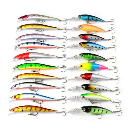 20pcs Fishing Lures Kit Mixed Hard Bait with Treble Hook Lifelike 3D Fishing Eyes Swimbait