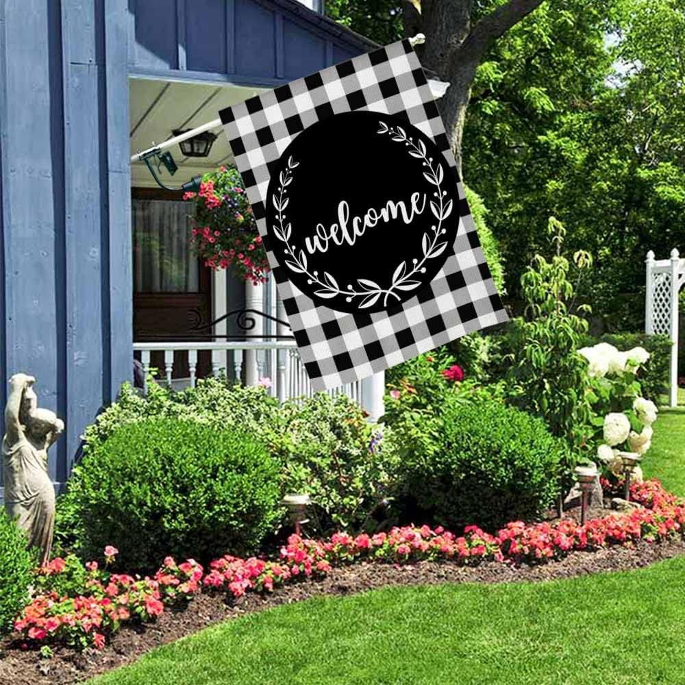 Welcome Laurel Wreath House Flag 28 x 40 Inch Large Vertical Double Sided Black White Buffalo Check Plaid Seasonal Outside Décor for Garden Yard Farmhouse Flags