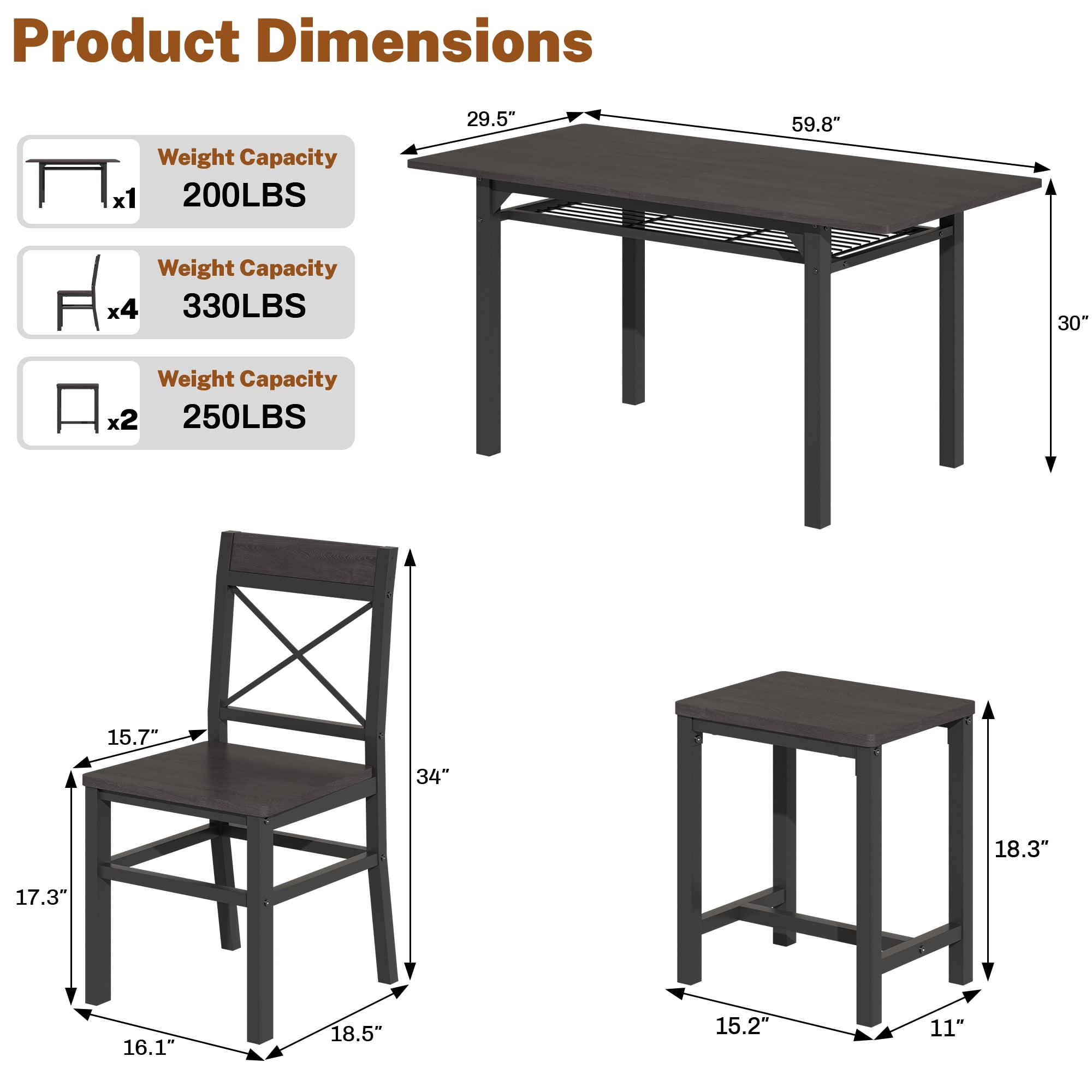 HOQBN Dining Table Set,Wooden Kitchen Table Set for 6,Farmhouse 7-Piece Dining Room Furniture for Small Space, Breakfast Nook, Apartment,Black