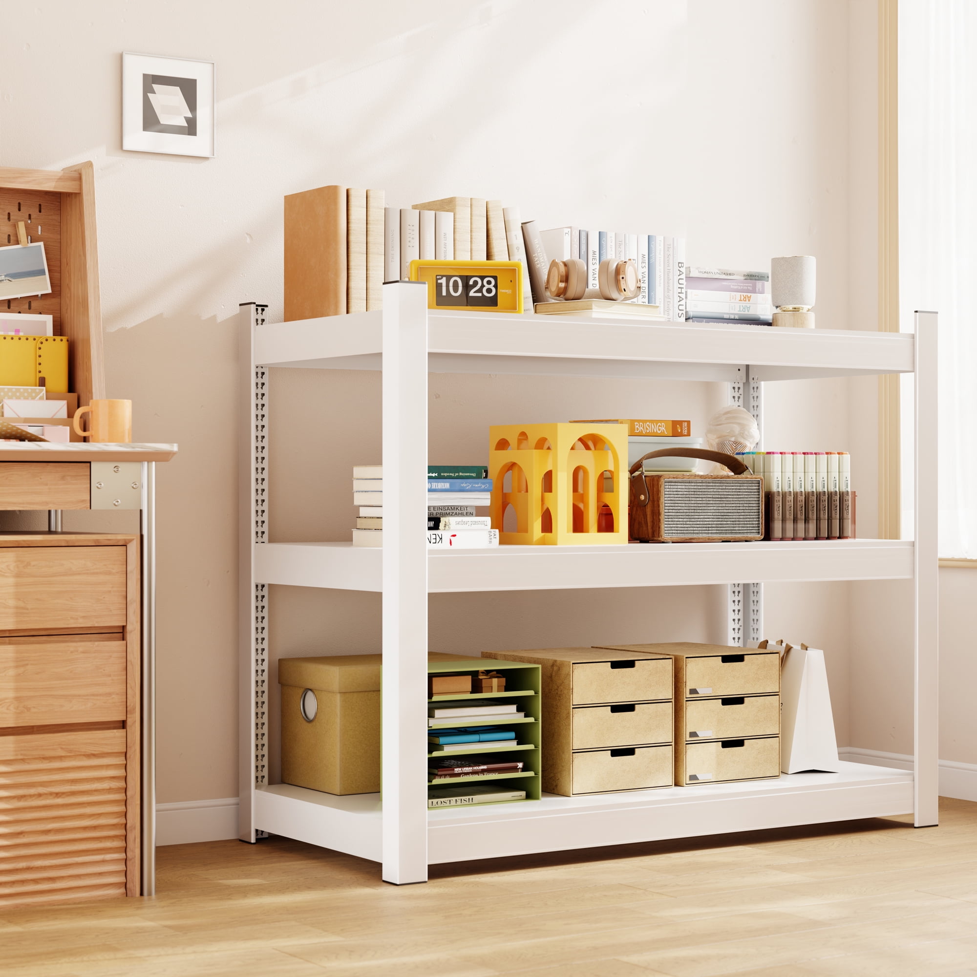 3-Tier Heavy-Duty Shelving,Adjustable Metal Garage Storage Shelves,36" x36"x16" (White)