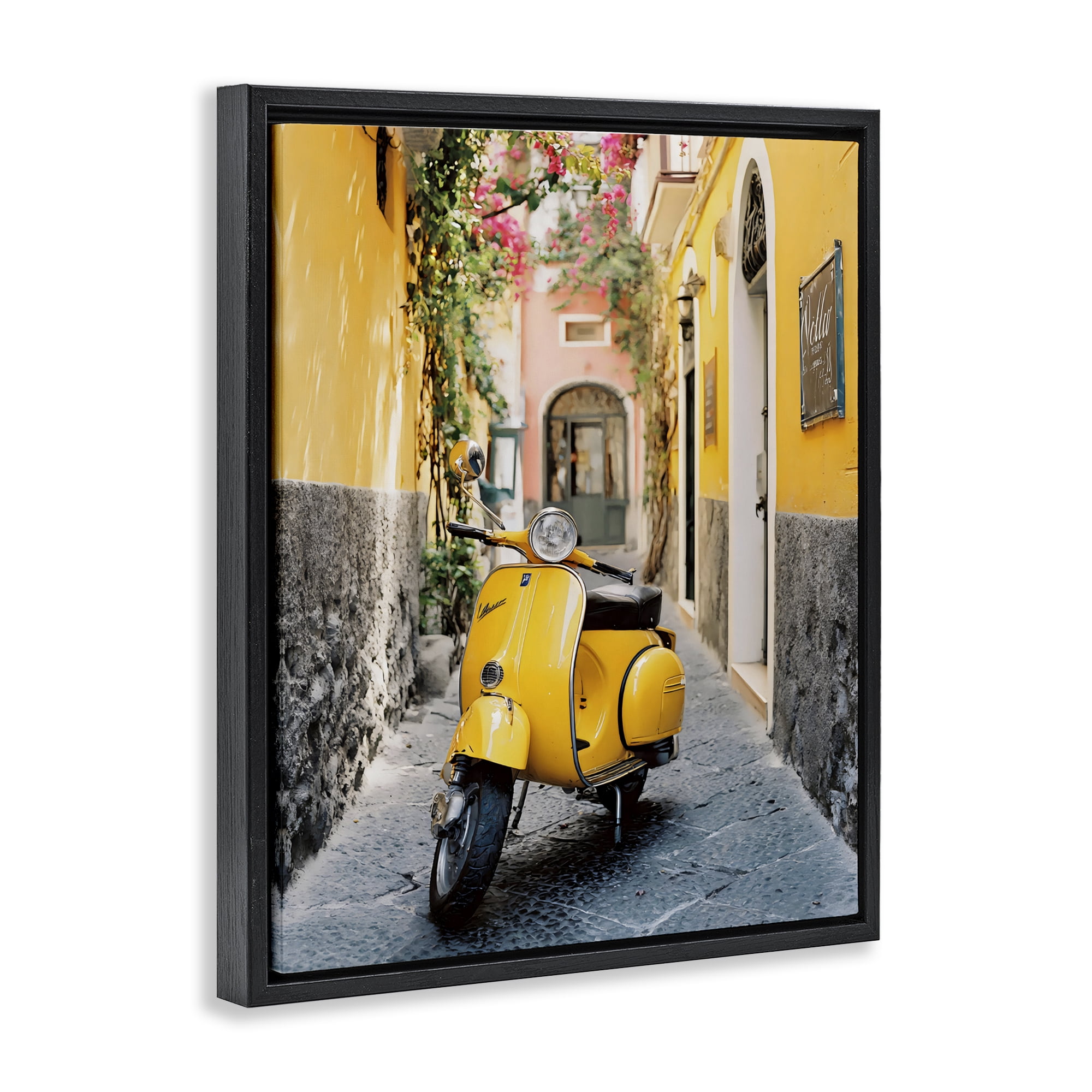 Stupell Industries Yellow Moped in Alley Black Framed Floater Canvas Wall Art, design by Franklyn Gregory