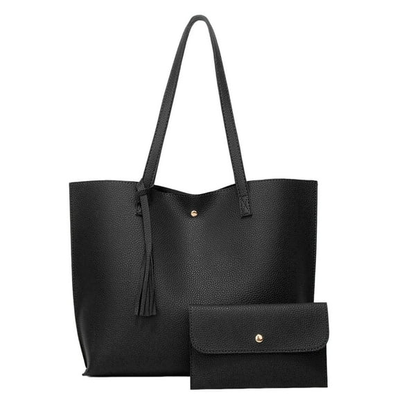 Stylish Women Leather Tote Purse Set Shoulder Bag Women Bags with Tassels Large Black