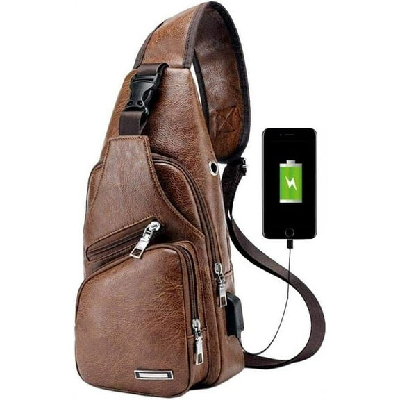PU Leather Sling Bag Chest Daypack Crossbody Shoulder Bag Anti Theft w/ USB Port