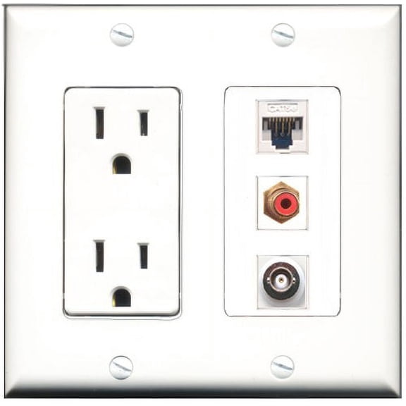 RiteAV - 15 Amp Power Outlet 1 Port RCA Red 1 Port BNC 1 Port Cat5e Ethernet White Decorative Wall Plate