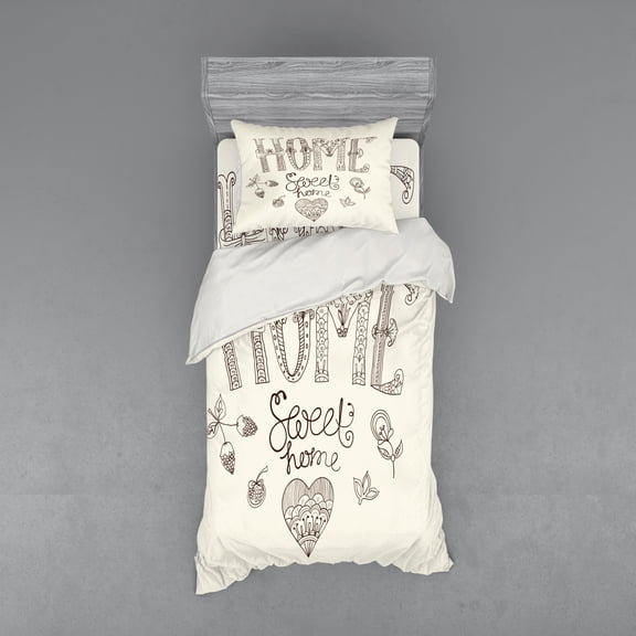 Saying Duvet Cover Set, Typography Illustration with Floral Elements and Heart, Bedding Set with Shams and Fitted Sheet, 3 Sizes, by Ambesonne