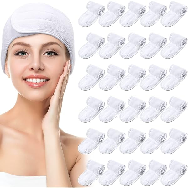 wonima11 30 Pack Spa Headband Facial Esthetician Hair Wrap for Women Adjustable Makeup Sports Shower Stretch Towel with Tape(White)