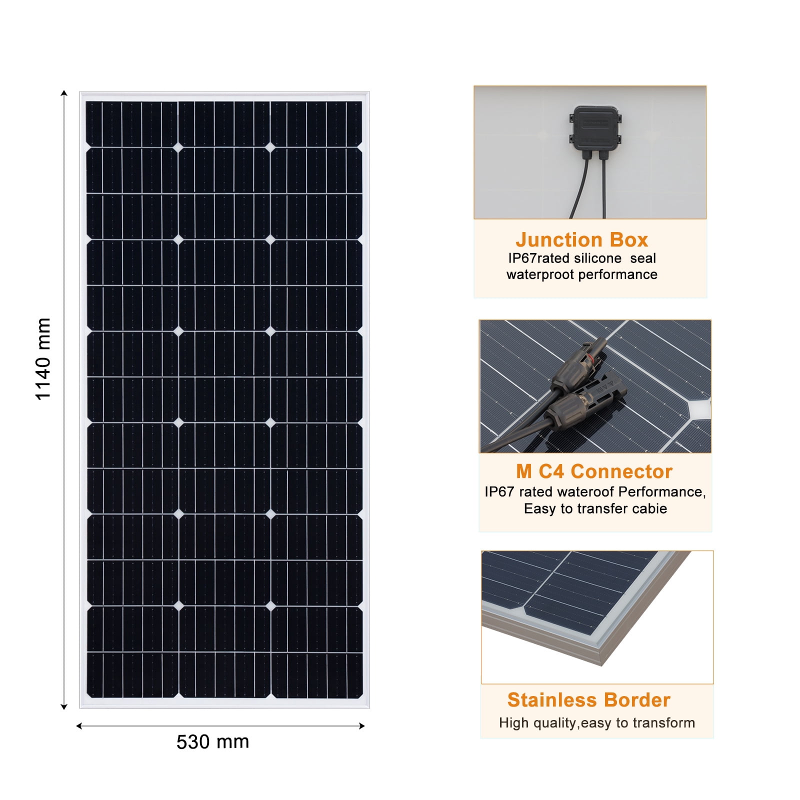 110W solar panel high efficiency monocrystalline photovoltaic module solar cell charger for rooftop balcony RV boat camping and other off-grid applications (not glass panel)