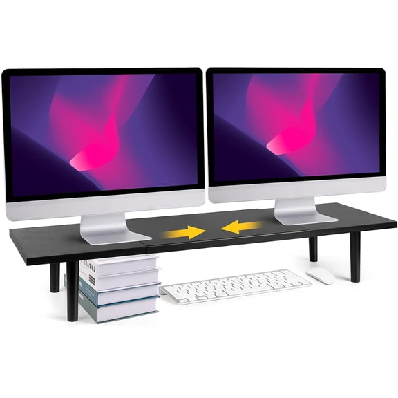 Dual-Monitor-Stand-Riser-For-Desk Adjustable Length 32-40 Inch,Large Desktop Computer Monitor Riser For 2 Screens,Desk Shelf Organizer Riser Stand For Computer/Laptop/PC/Printer/TV Black