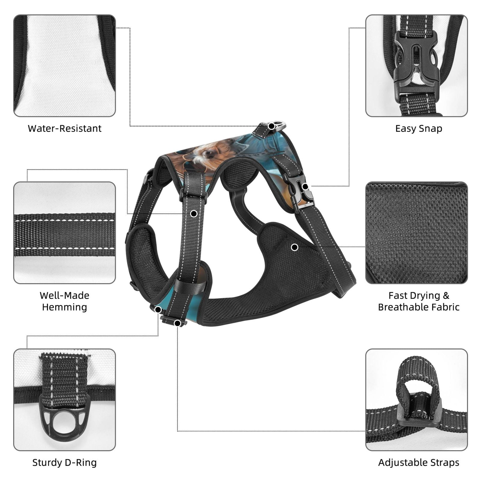 Fuzoiu Stylish Dog in Denim Outfit Print Reflective Dog Harness,Adjustable, Breathable Pet Vest,Dog Harness No Pull,No Choke Pet Vest for Small, Medium, and Large Dogs-Large