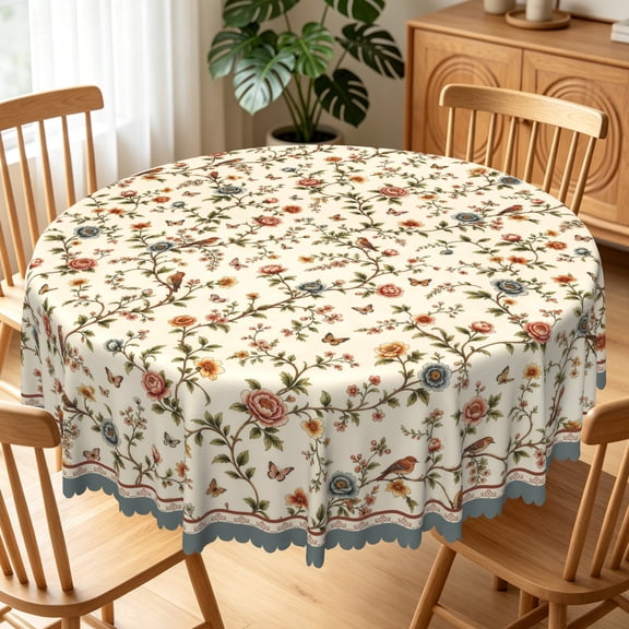 Vintage Beige Floral Round Tablecloth,60 Inch,Stain Resistant Waterproof Table Cover for Dining Room Kitchen Party Decor