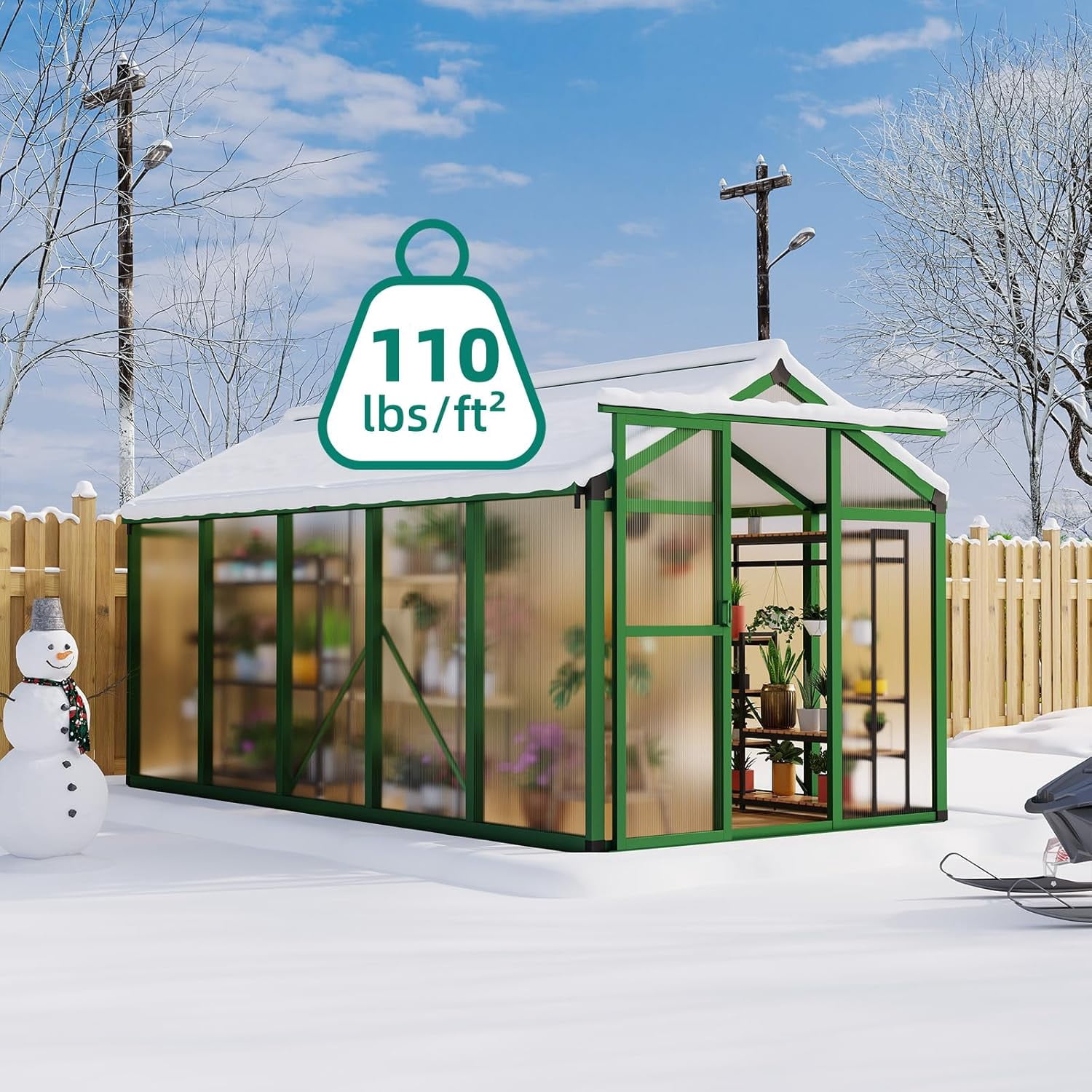 6x10 FT Walk-in Greenhouse for Outdoors – Aluminum Frame, Polycarbonate Panels, Roof Vent, Rain Gutter, Sliding Lockable Door, Easy Setup for Garden & Backyard, Green