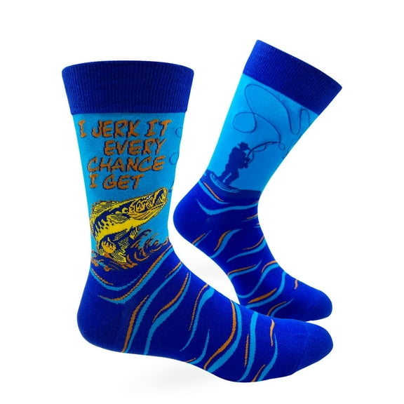 Funny Fishing Themed Men's Novelty Crew Socks with Saying I Jerk It Every Chance I Get, 1 Size Fits Most