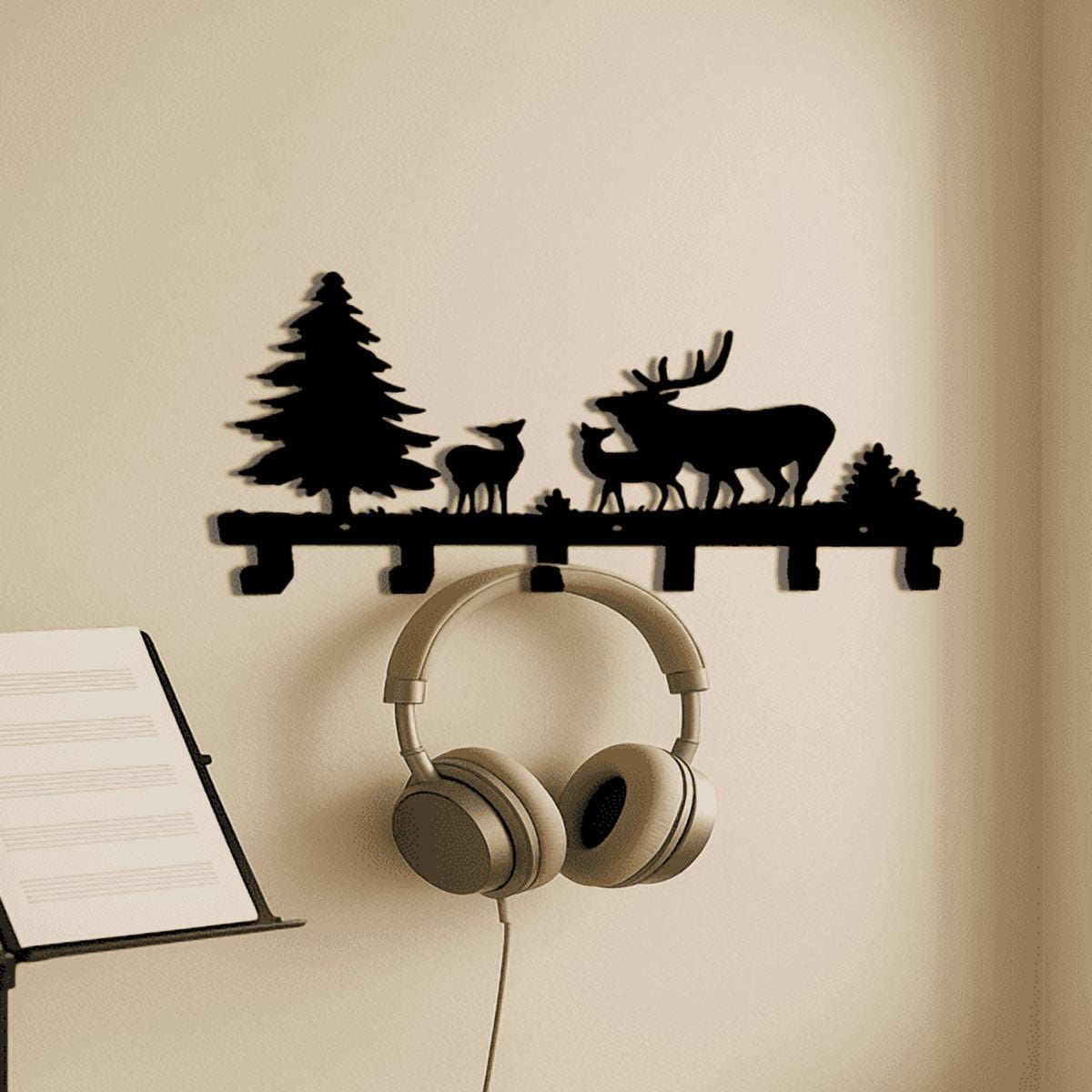 Farmhouse Rustic Animal Coat Hook Rack, Wall-Mounted Tree Branch Design with Black Puppy, Bear & Deer Hooks, Cute Towel & Jacket Hanger for Bathroo