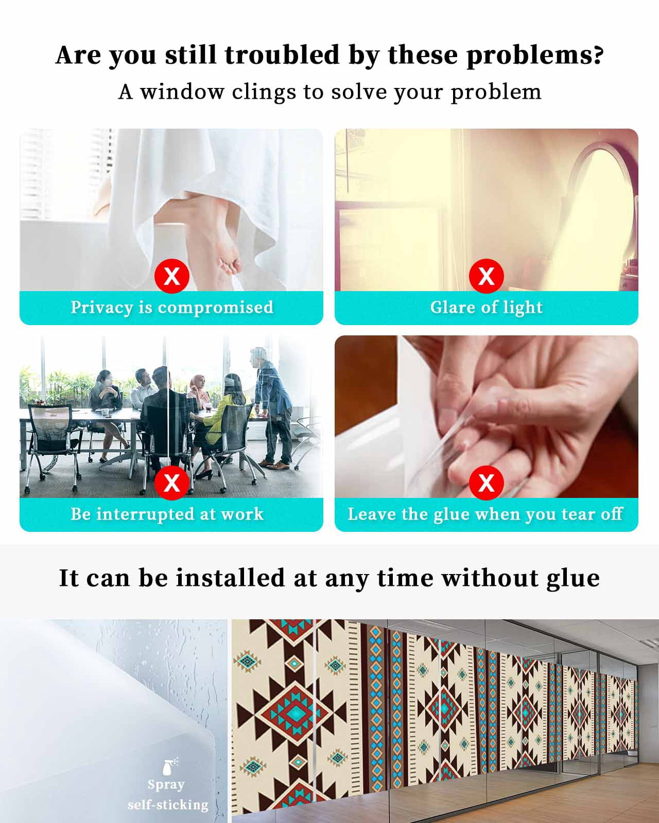 Window Privacy Film Brown Blue Stained Glass Window Film Decorative Sun Block Window Cover Green Southwest Ethnic Native American Boho Window Clings Static Adhesive Sticker for Bathroom 23.6"x59"