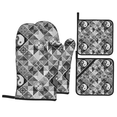 

Oven Mitts and Pot Holders Sets 4 pcs - Yin Yang With Black And White Heat Resistant Silicone Oven Gloves with Non-Slip Silicone Surface and hot pads for kitchen Baking Cooking BBQ