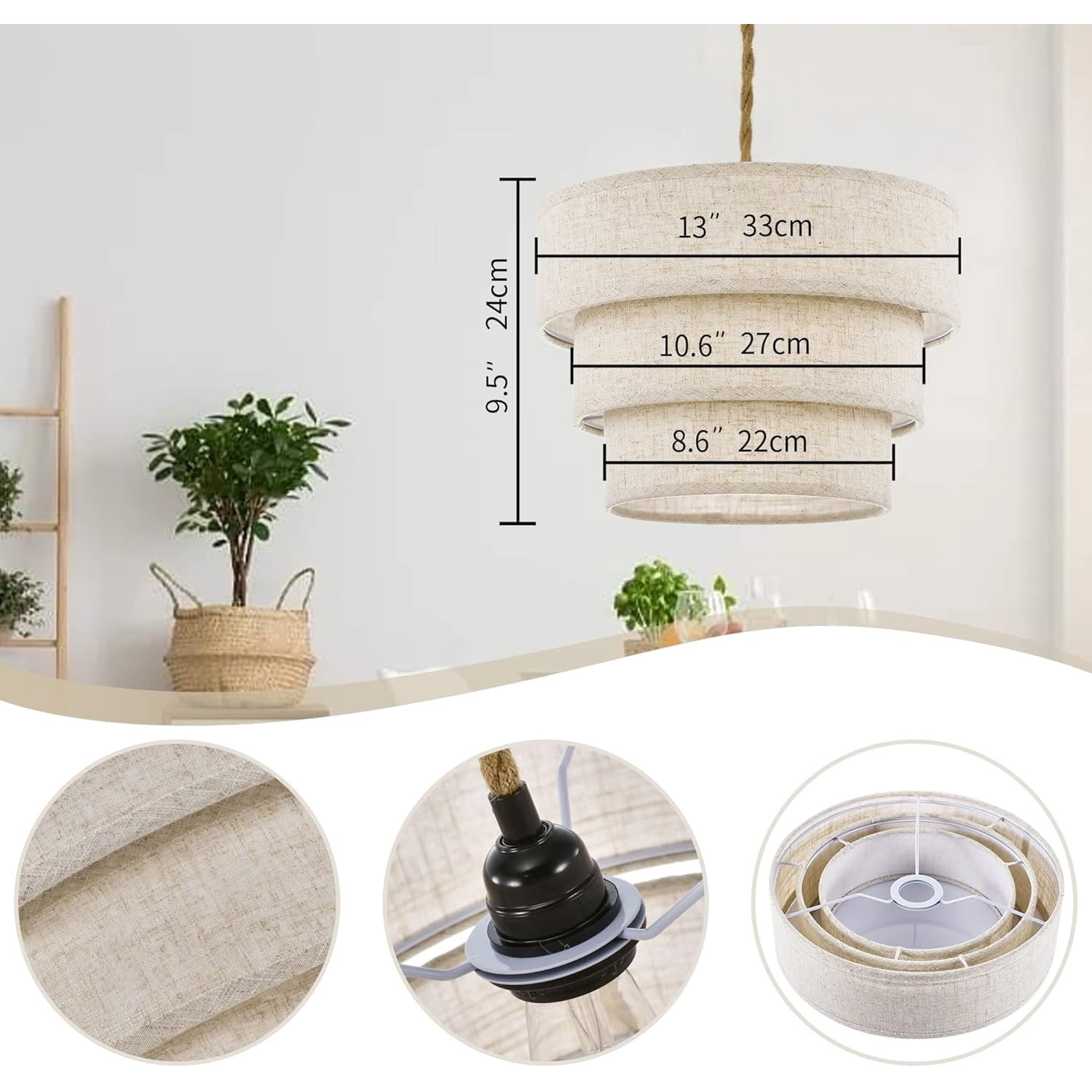 3-Tier Drum Linen Plug in Pendant Light with15ft Hemp Rope Cord E26 Dimmer Switch Hanging Lights Fixture Plug in Chandelier for Kitchen Island Dining Room Entryway Hallway-1Pack