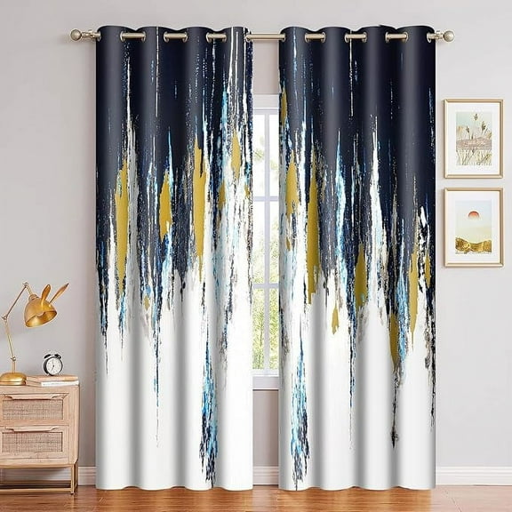 Navy Blue White Color Blocking Curtains White Gold Modern Art Blackout Curtain Oil Painting Style Mixed Color Printed Drapes For Bedroom Living Room Guest Room Decor 53"W x 63"L (Pack of 2)