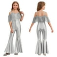 thumbnail image 6 of Raenseen Girls Sparkly Sequins Tassel Pageant Dance Party Jumpsuit Spaghetti Strap High Waist Flared Pants Romper Silver 6, 6 of 7
