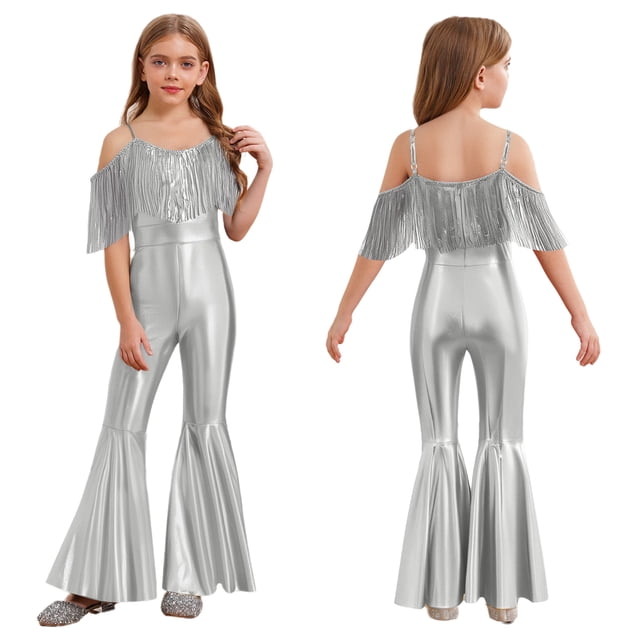 Runhomal Kids Girls Metallic Flared Pants Jumpsuit Spaghetti Straps Hippie Dance Full Body Leotards Silver 14