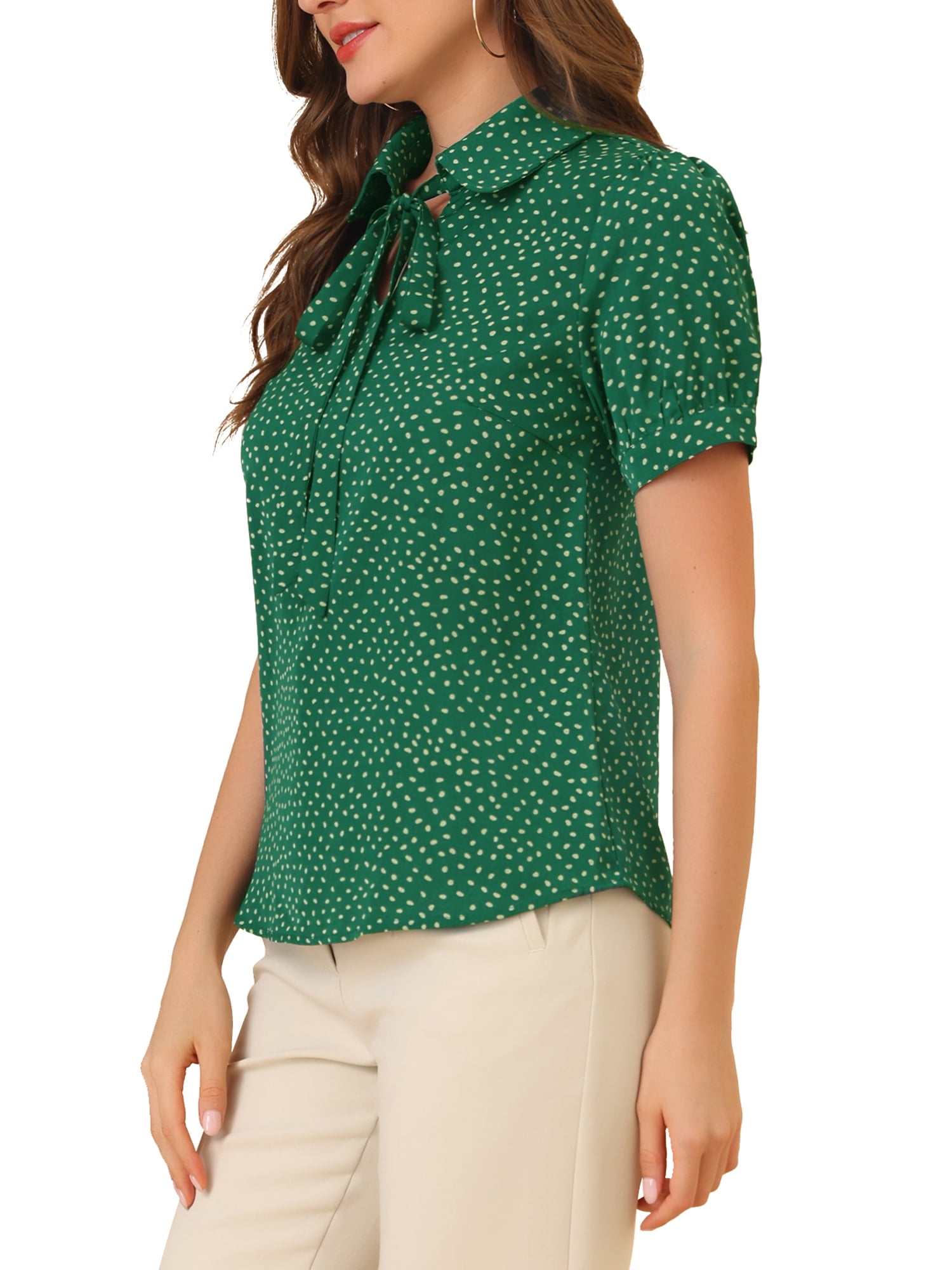 DARING DIVA Women's Polka Dots Tie Bow Chiffon Blouse L Dark Green-Dots