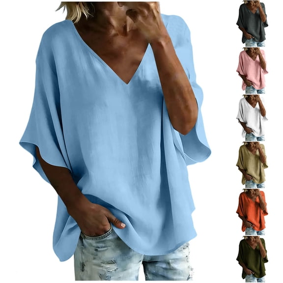 Paiwinds Women's V-Neck Short Sleeve Linen Blend Top, Casual Loose Fit Blouse for Spring Summer, Lightweight Comfortable Pullover Shirt