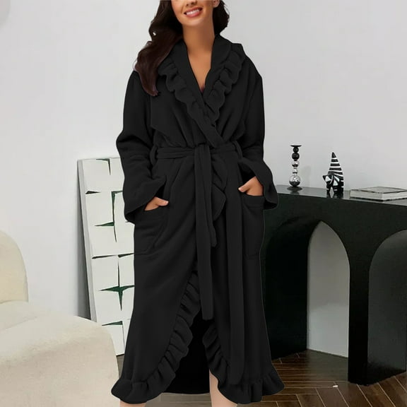 MVRLSH Robes For Women Hooded Fleece Plush Lightweight Bathrobe House Coat Sauna Gown With Pockets And Belted Black S-Xl