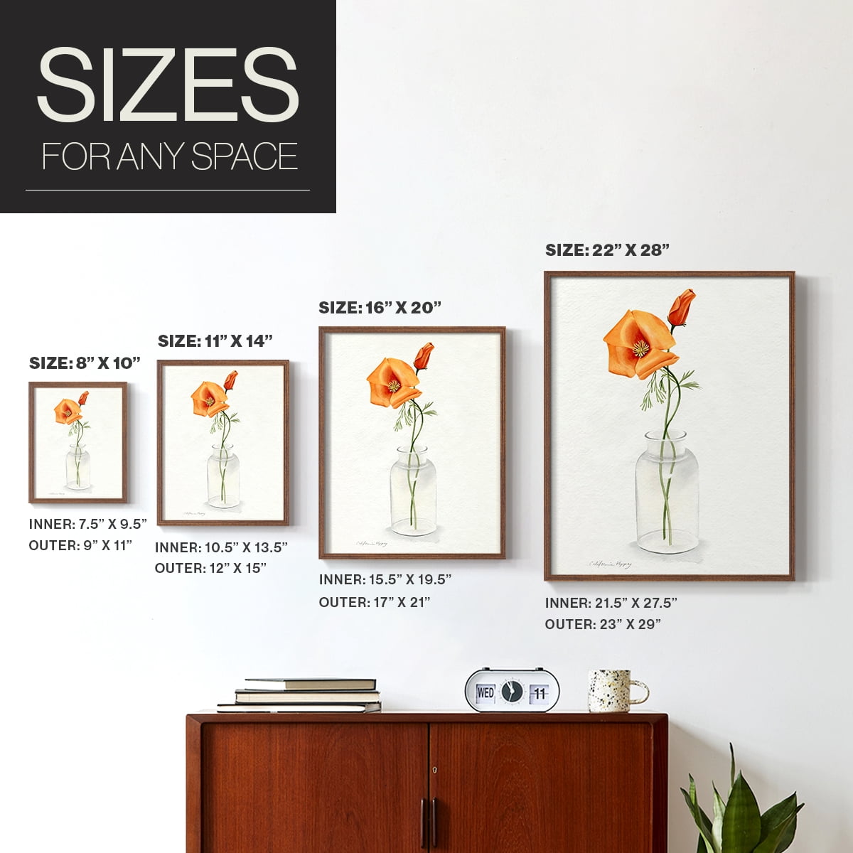 California Poppy Vase I Framed Print in Brown Solid Wood Framed Print No Nail Hanging