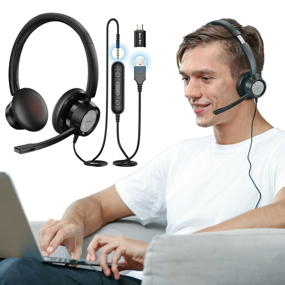 New bee Wired Headset with Microphone, Noise Cancelling Mic 135° Rotatable, USB/Type-C/3.5mm for PC/Phone/Tablet, Adjustable Headband with Scale, for Online Meeting/Study/Gaming