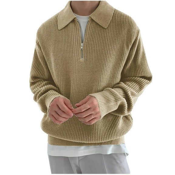 Annhoo Mans Knit Shirts Solid Color Quarter Zipper Collared Long Sleeve Tops Pullover Loose Warm Trendy Comfy Soft Sweater