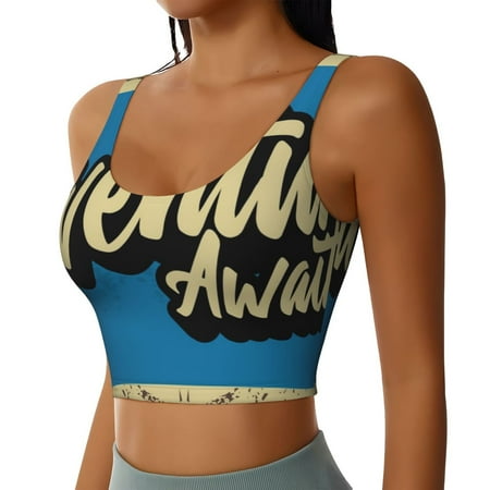 Haiem Adventure Awaits Pattern Womens Sports Bra - U Neck Padded Low Impact Yoga Bra Workout Crop Top Gym Moisture-Wicking Workout Vest -XX-Large