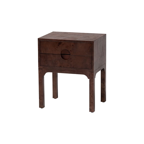bali & pari Kayla Real Burl Wood Nightstand in Dark Walnut Brown - Modern Bedside Table with Two Drawers and Cutout Handle Design