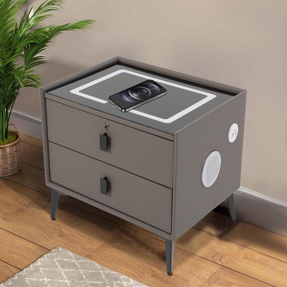 Bedside Table with 2 Drawers, Bluetooth Speaker Smart Nightstand, Bedside Table with Light USB& Wireless Charging, for Living Room, Bedroom (Dark Grey)