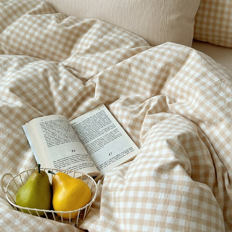 Ruccit Green Gingham Duvet Cover King Size 100% Washed Cotton Tan Plaid