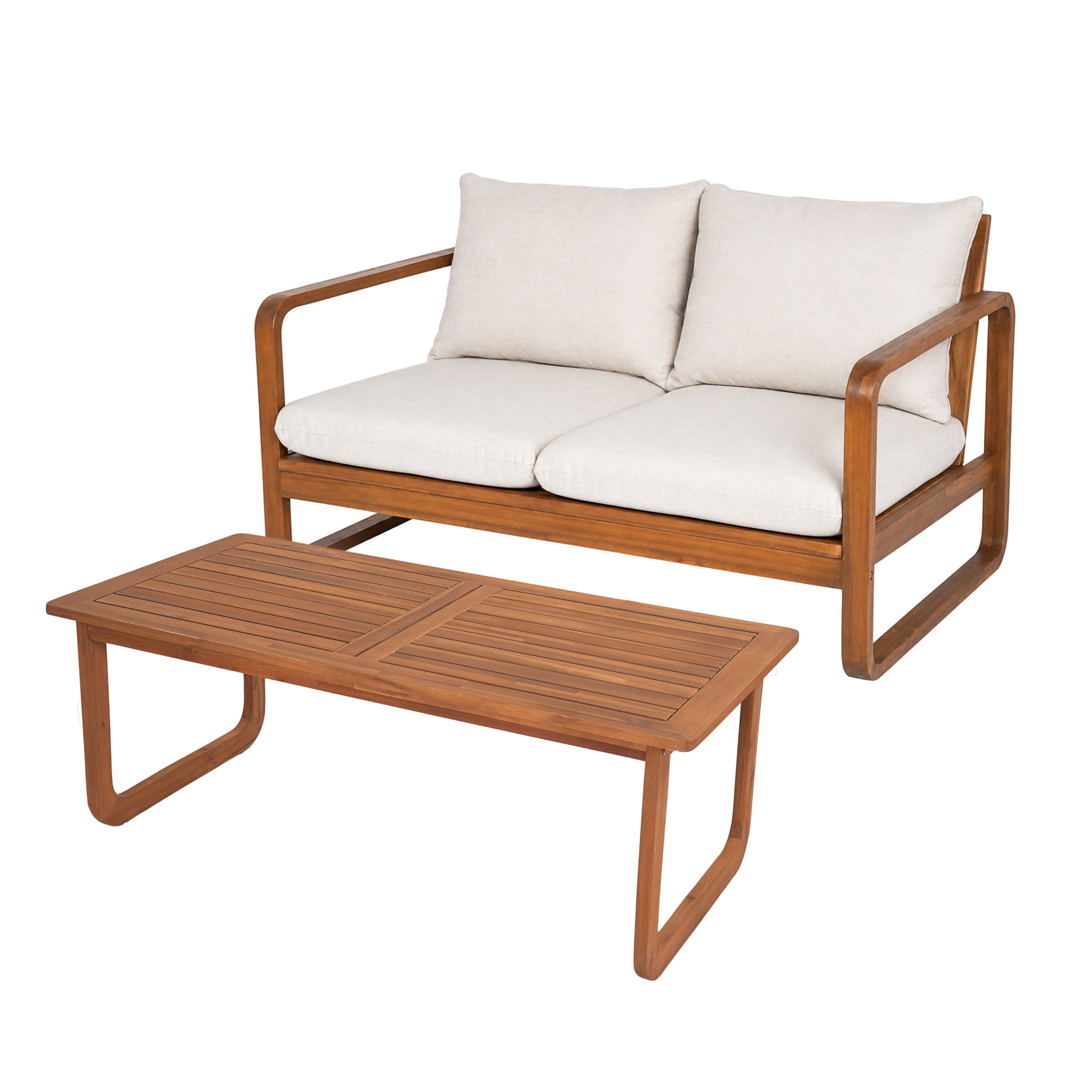 Christopher Knight Home 2-Piece Patio Loveseat Set, Acacia Wood Sofa & Coffee Table, Teak+Beige