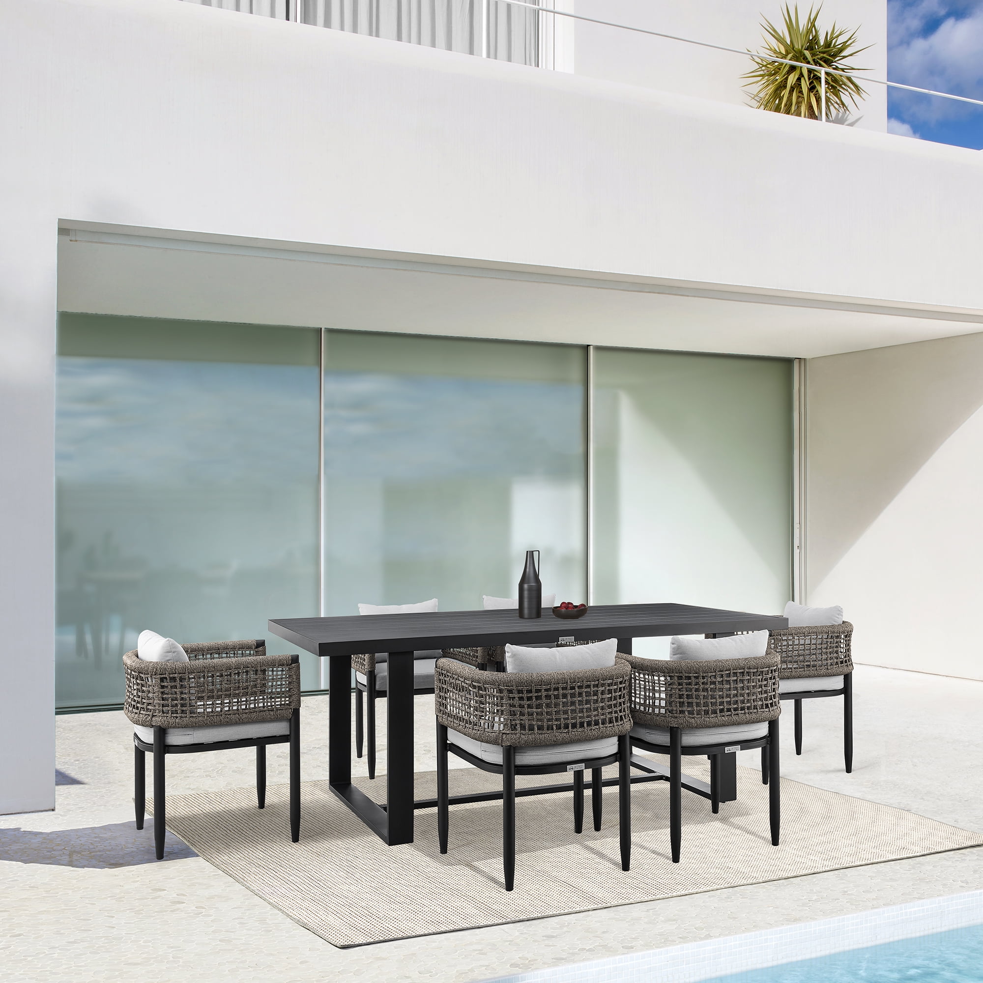 Felicia Outdoor Patio Dining Chair in Aluminum with Grey Rope and Cushions - Set of 2