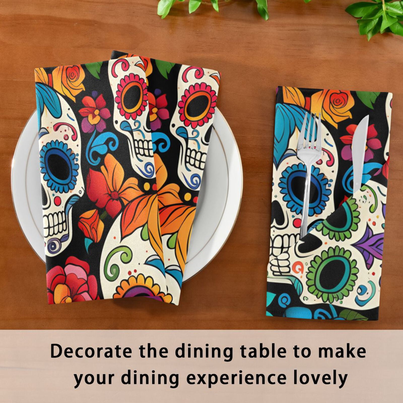 JSTEL Sugar Skull Floral Day Of Dead Cloth Napkins Set of 6, 20x20 Inch Washable and Reusable Napkin for Decoupage Dinner Party Everyday Use