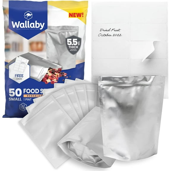 50 Count 1-Pint Gusset Mylar Bags with Labels, 11 Mil Total Thickness Long-Term Food Storage Pouches, 8x6 Stand-Up Zipper Heat-Sealable Airtight Packaging - Silver