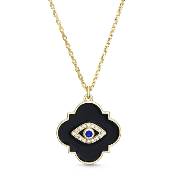 Cubic Zirconia Evil Eye Enamel Quatrefoil Necklace in Sterling Silver