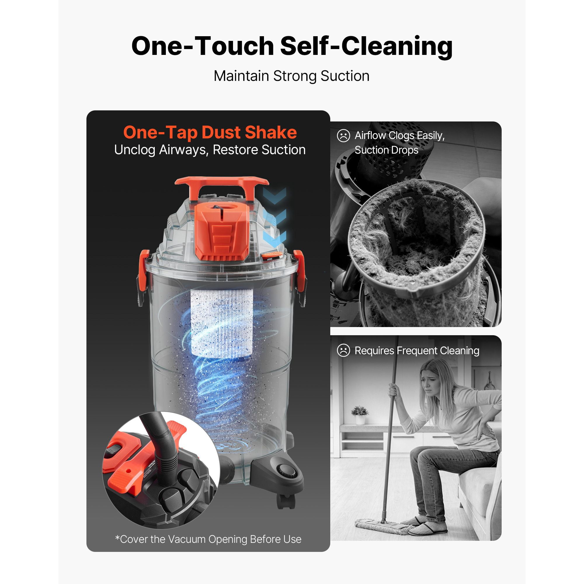 8 Gallon Wet Dry Shop Vacuum, 4.5 Peak horsepower convenient with One-Button Self-Cleaning, Dual-Filter, 7ft Hose & 9.8ft Cord for Garage Workshop Home