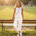 thumbnail image 6 of Textilo Women's Denim Bib Overalls Wide Leg Button Front Jumpsuits with Pockets Adjustable Straps Sleeveless Jean Romper Baggy Casual Y2k Loose Vintage Outfits,White 5XL, 6 of 7