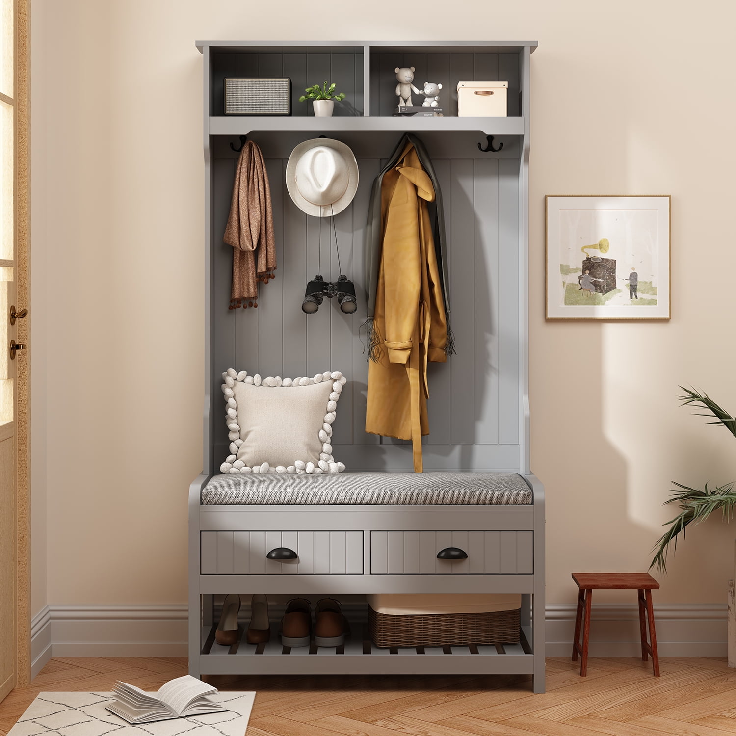 Hall stool with storage outlet
