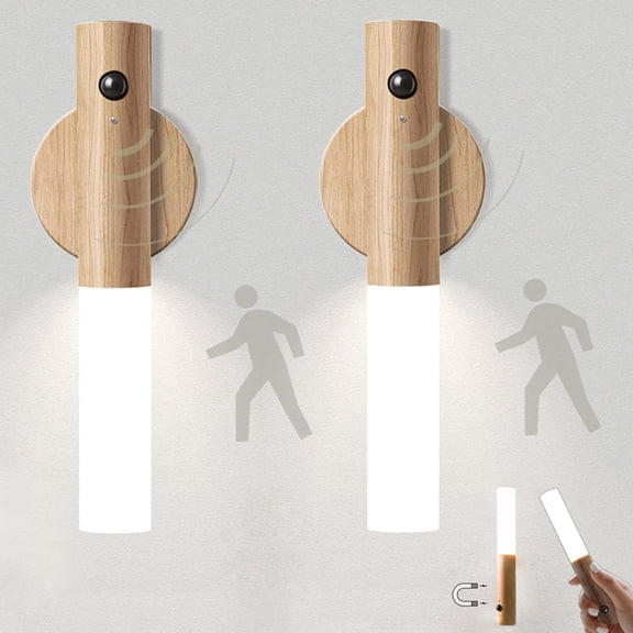 2 Pack Motion Sensor Night Lights, Portable Magnet Body Sensor Wall Lights, Wooden Rechargeable LED Light for Cabinet, Stairway, Hallway, Walnut Wood Color