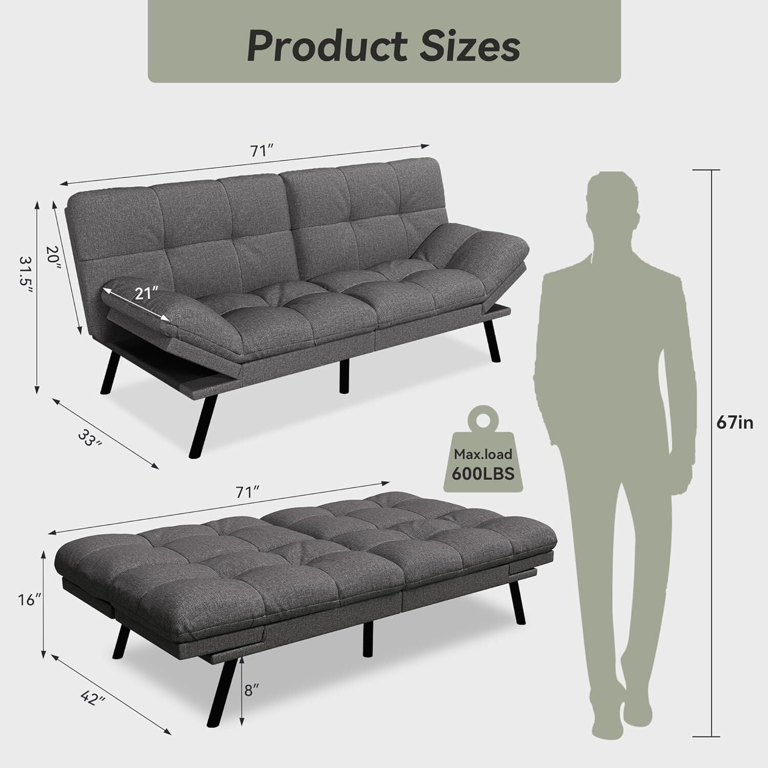 Convertible Futon Sofa Bed, 71" Comfy Loveseat Sleeper Sofa, Thicken Cushion, Comfy Velvet Twin Size Futon Couch Bed for Small Space Bedroom Dorm Office