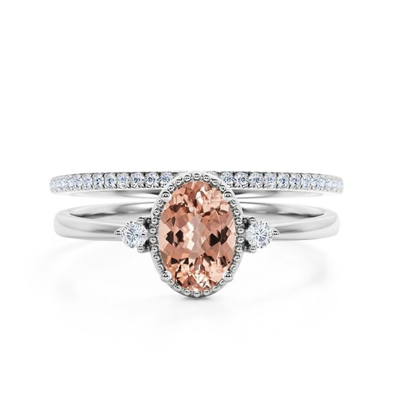 Beautiful Boho And hippie 1.85 Carat Oval Cut Morganite And Diamond Moissanite Engagement Ring, Wedding Ring, One Matching Band in 925 Sterling Silver With 18k White Gold Plating Romanic Gift For Her